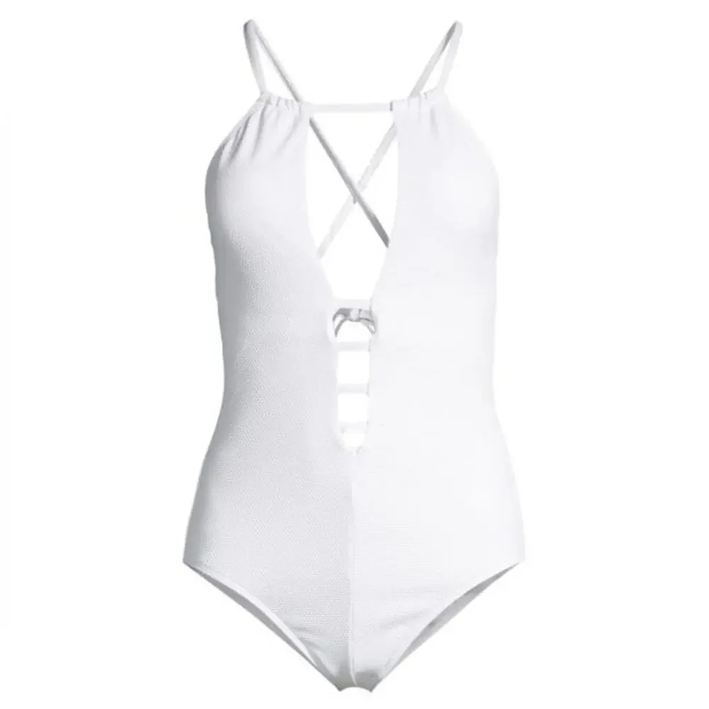 New RACHEL Rachel Roy ​Pique Lattice Cutout One Piece Swimsuit White Small